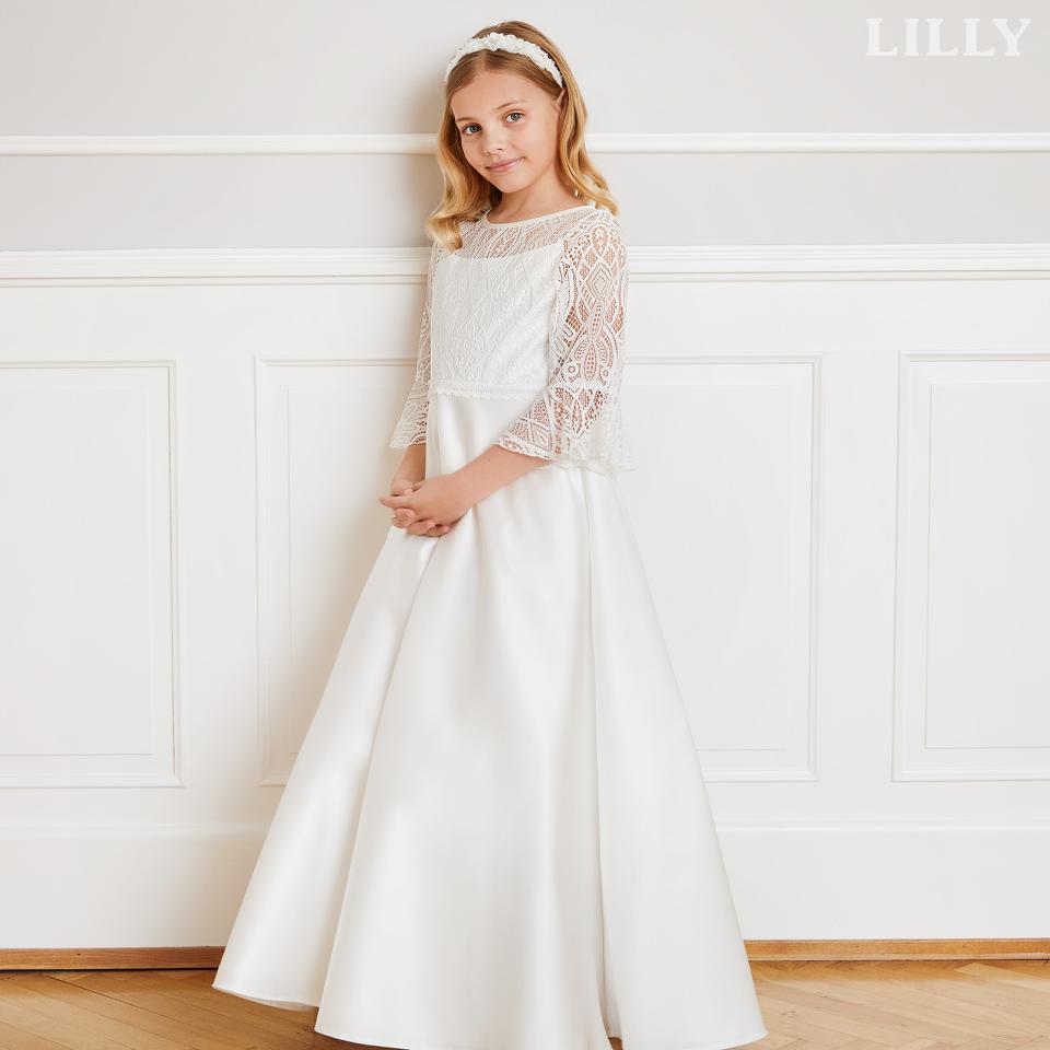 Langes Lilly Kommunionkleid aus Satin und Spitze mit Glocken-Ärmeln