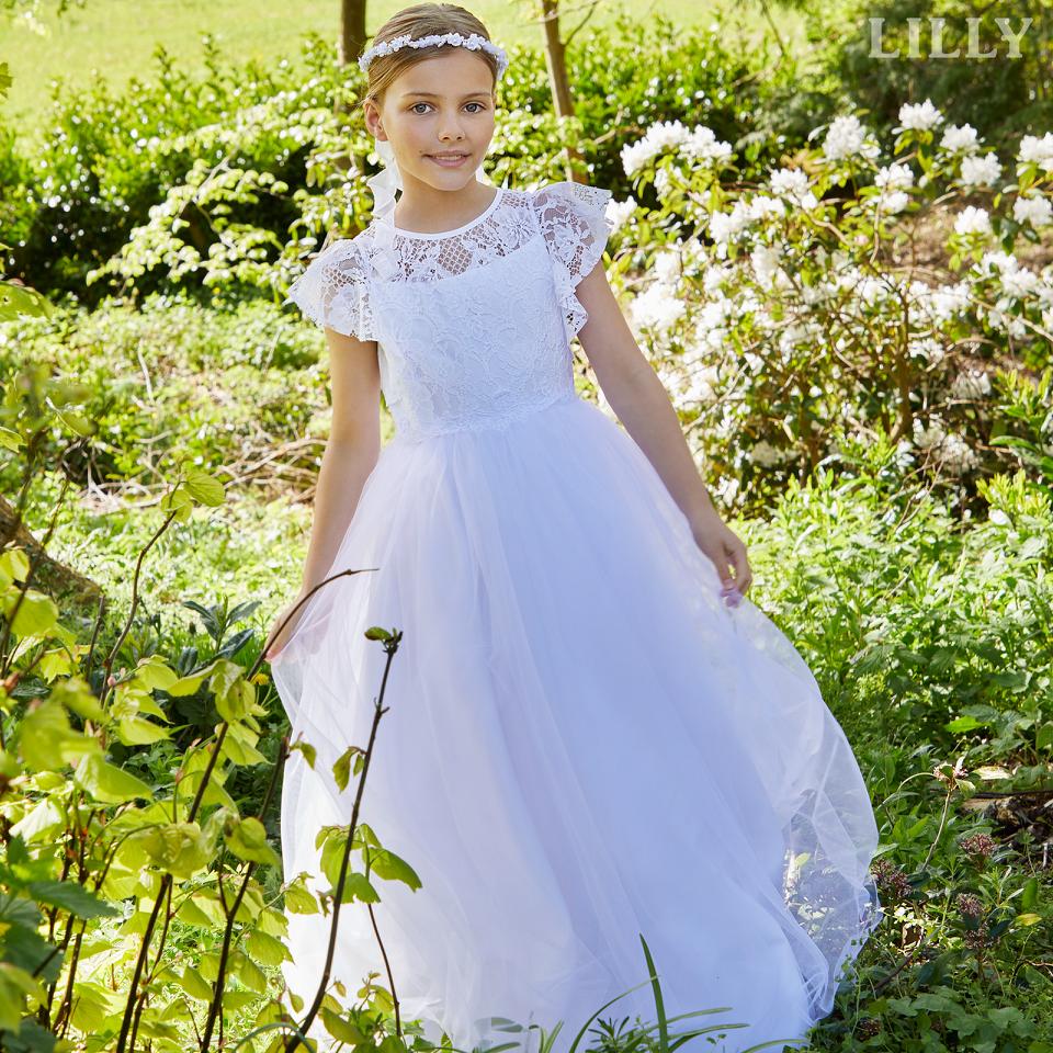 Lilly Kommunionkleid mit Spitzen Oberteil und Flügelärmeln.